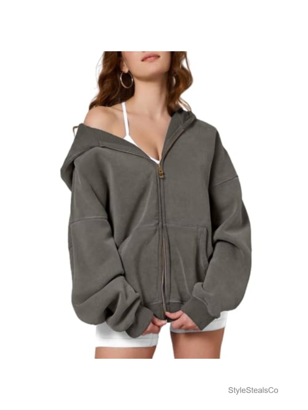 Oversized Acid Wash Zip Up Hoodie Heavyweight Fleece Jacket Women's Winter